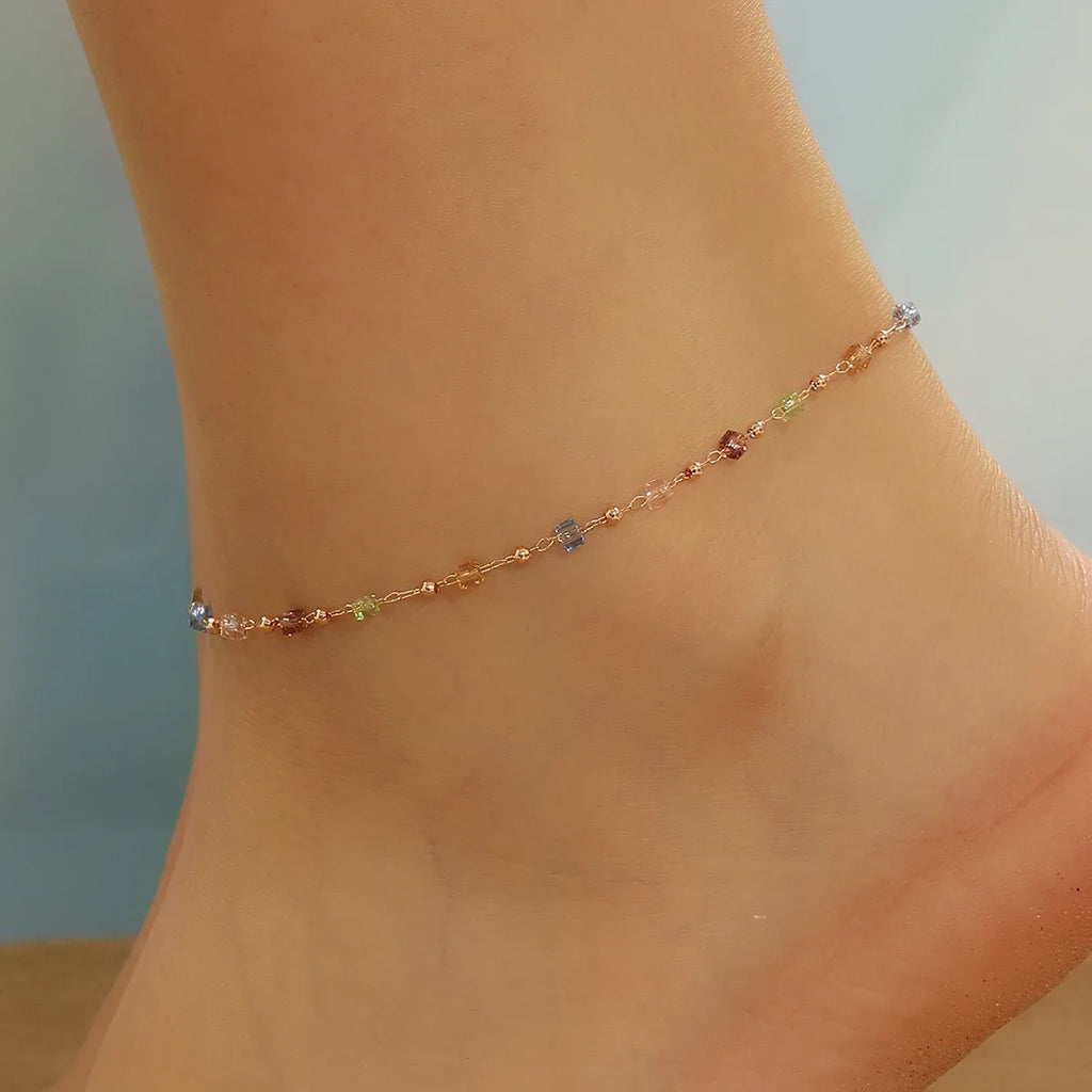 Kinitial Sweet Colorful Crystal Anklets For Women Link Chain Boho Foot Chain Barefoot Ankle Bracelet Jewelry