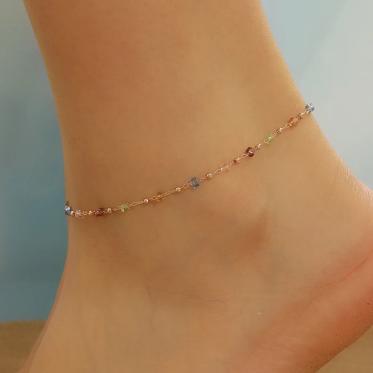 Kinitial Sweet Colorful Crystal Anklets For Women Link Chain Boho Foot Chain Barefoot Ankle Bracelet Jewelry