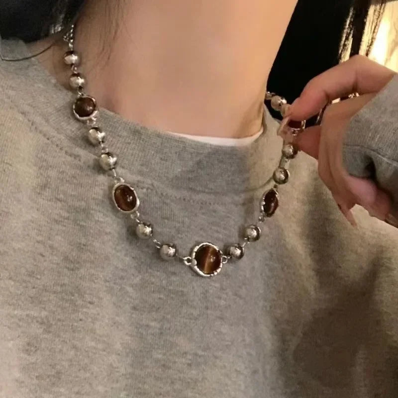 Women's Vintage Leather Brown Stone Pendant Choker Necklace