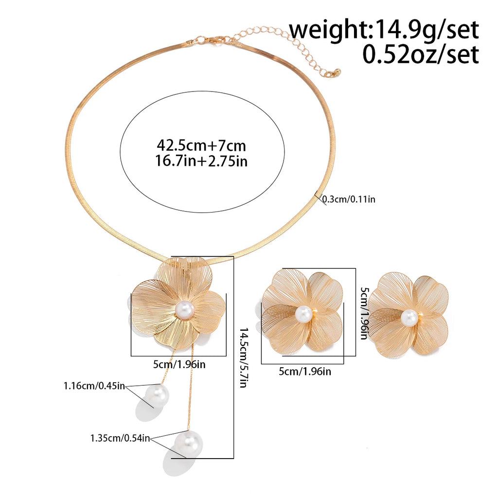 Romantic Pearl Flower Pendant Necklace & Earrings Jewelry Set
