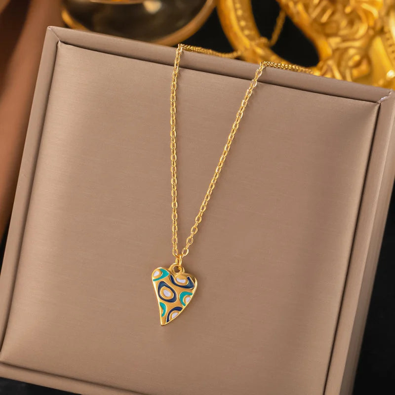 2 PCS Set Hear/Round Epoxy Earring Necklace Set Gold Color Metal Colorful Epoxy Women‘s Daily Wear Jewelry Valentines Gifts