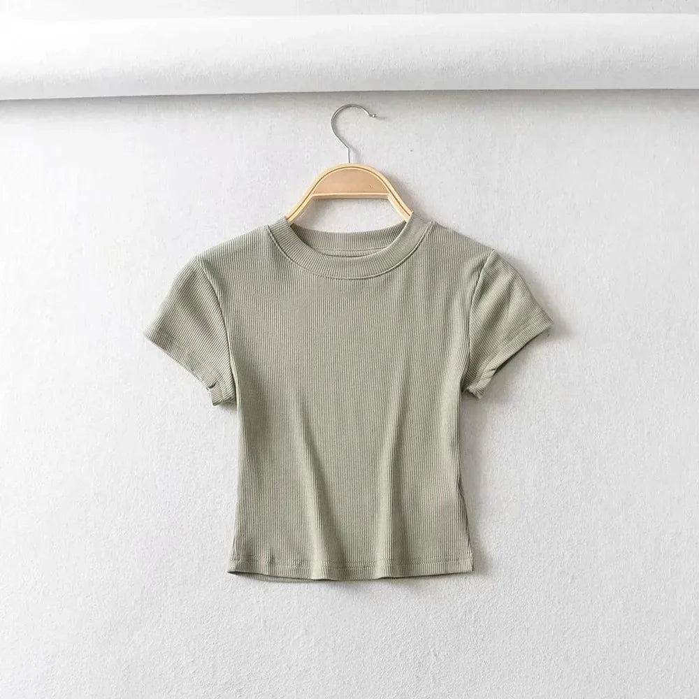 O-Neck Slim Stretch Crop Tee