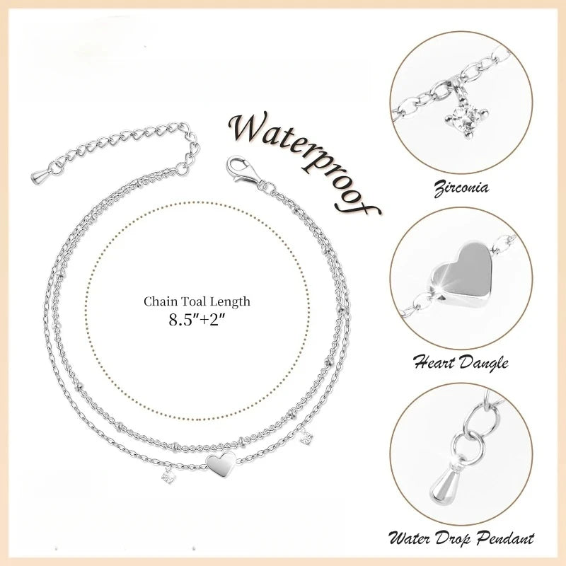 Dainty Layered Silver Anklet with Heart Charm - Elegant CZ Bracelet for Women, Waterproof & Trendy Gift