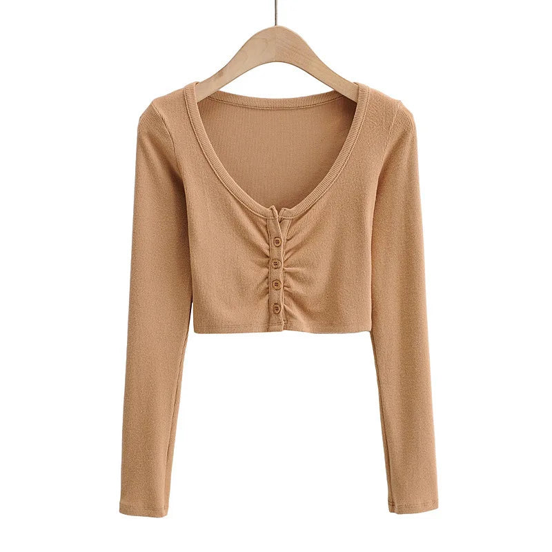 Long Sleeve Button Crop Top