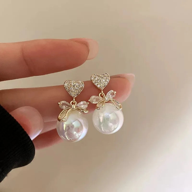 Women's White Bowknot Pearl Tassel Dangle Earrings