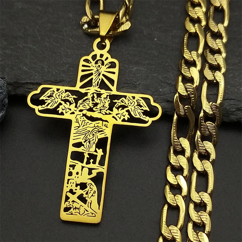 Fashion personality Cross Religious Pendant Men's Faith Stainless steel Gold plated Cross Necklace Punk Jewelry Accessories