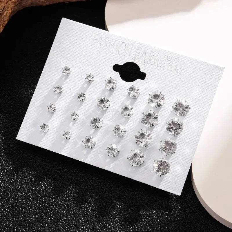 12-Pair White Crystal Wedding Stud Earrings Set
