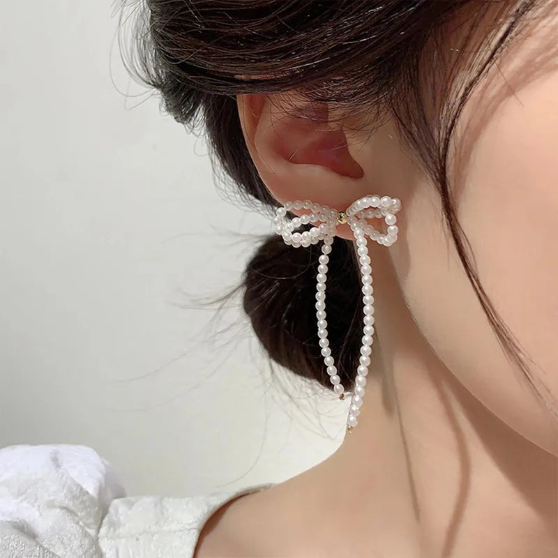 Women's White Bowknot Pearl Tassel Dangle Earrings