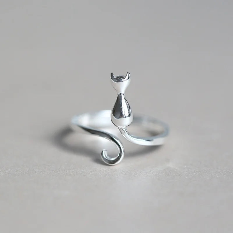 Simple Cute Cat Shaped Open Ring Chic Silver Color Adjustable Ring For Women Lovely Daily Wear Jewelry