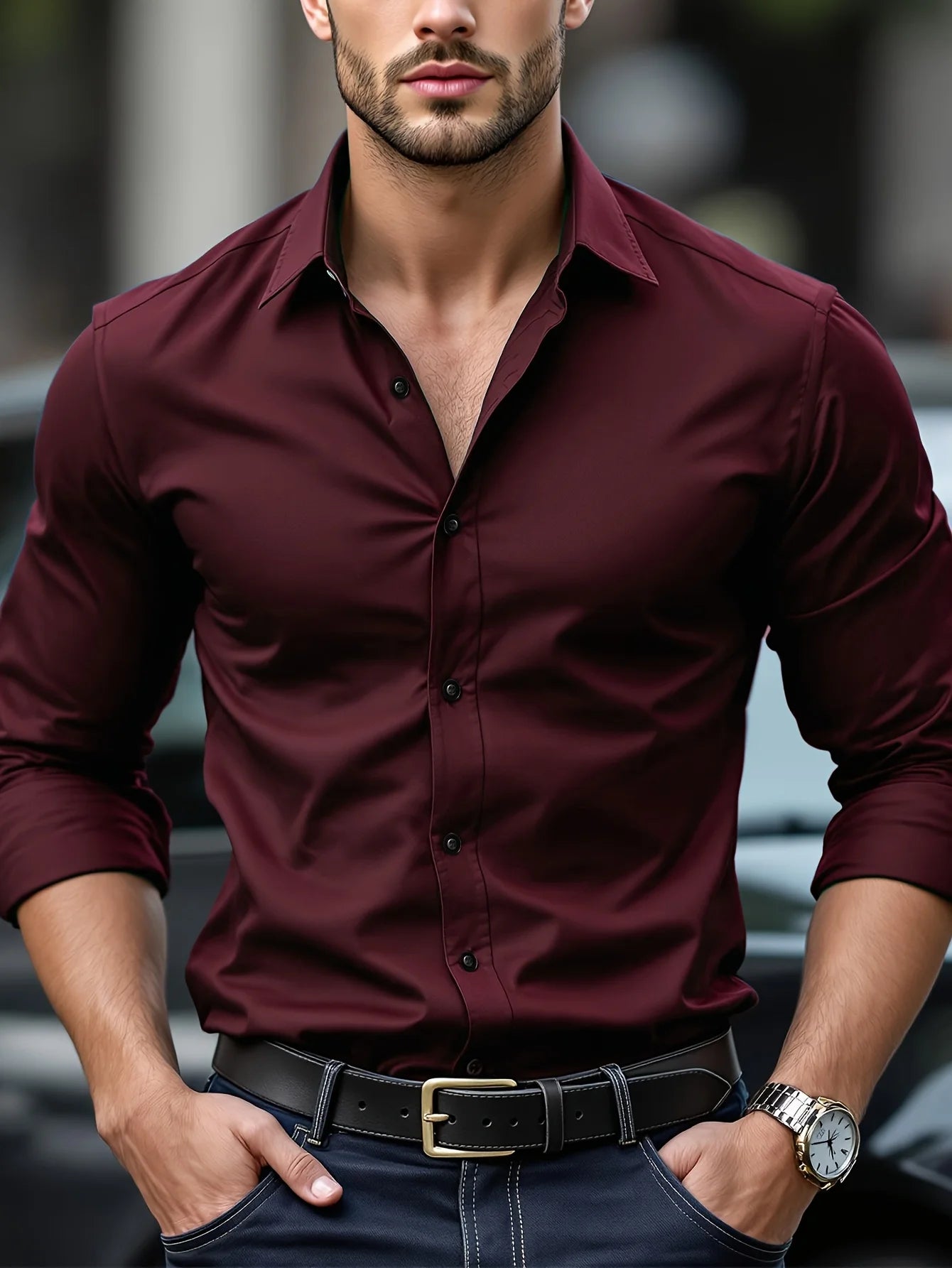 Elastic Fabric Long Sleeve Solid Shirt