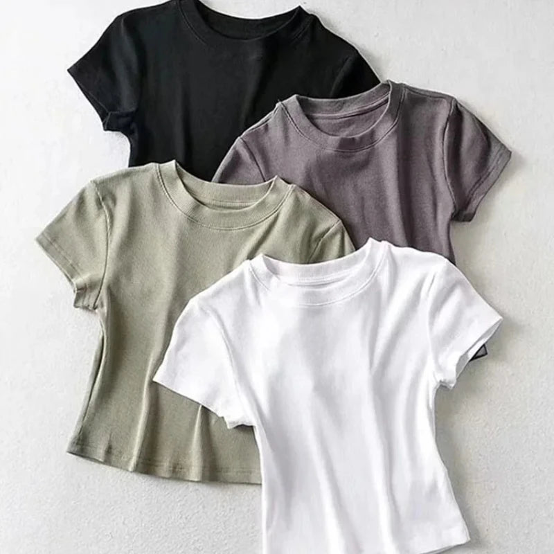 O-Neck Slim Stretch Crop Tee