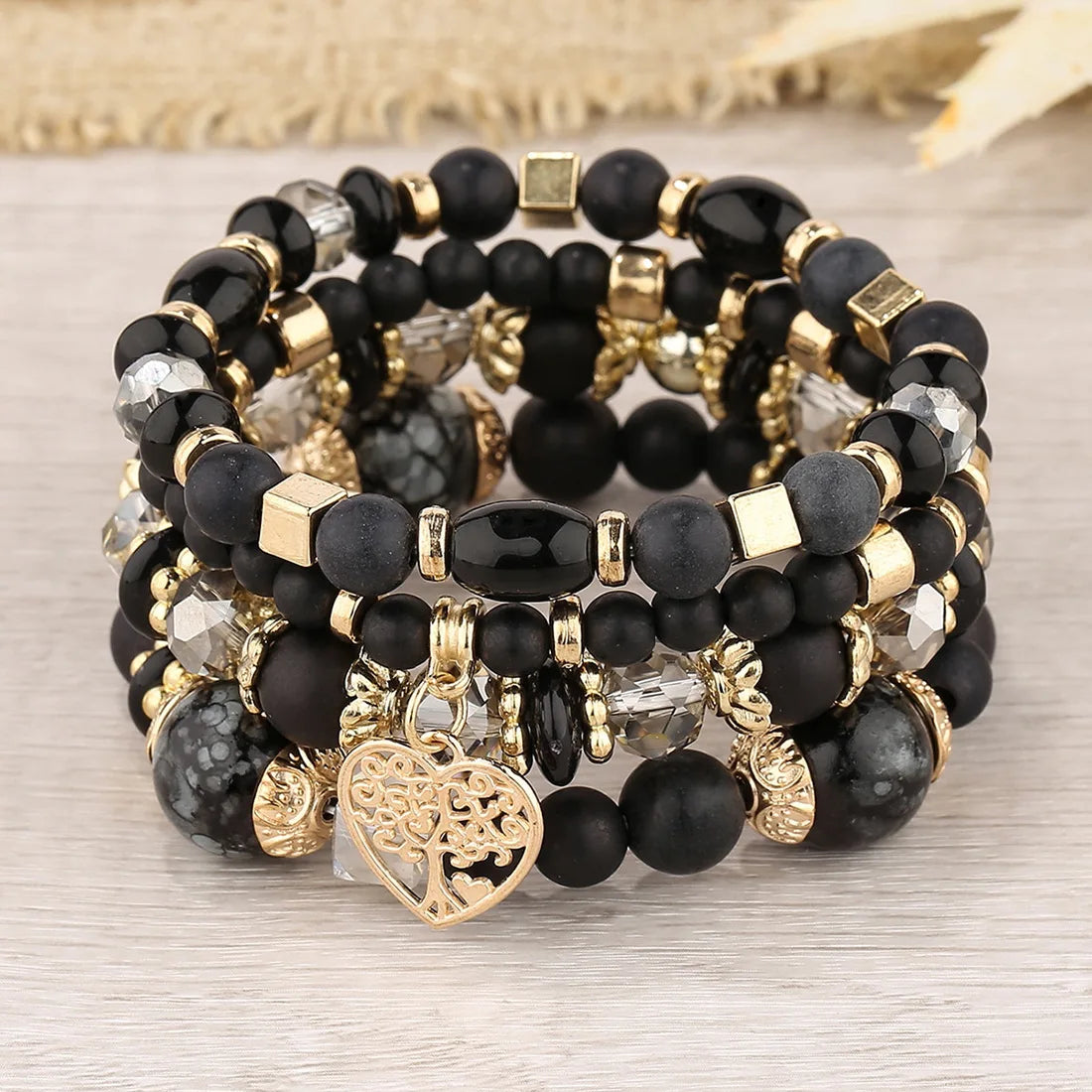 New Acrylic Beads Chain Bracelet Set For Women Tree Of Life Charm Elastic Bangle Female Bohemian Jewelry Accessories