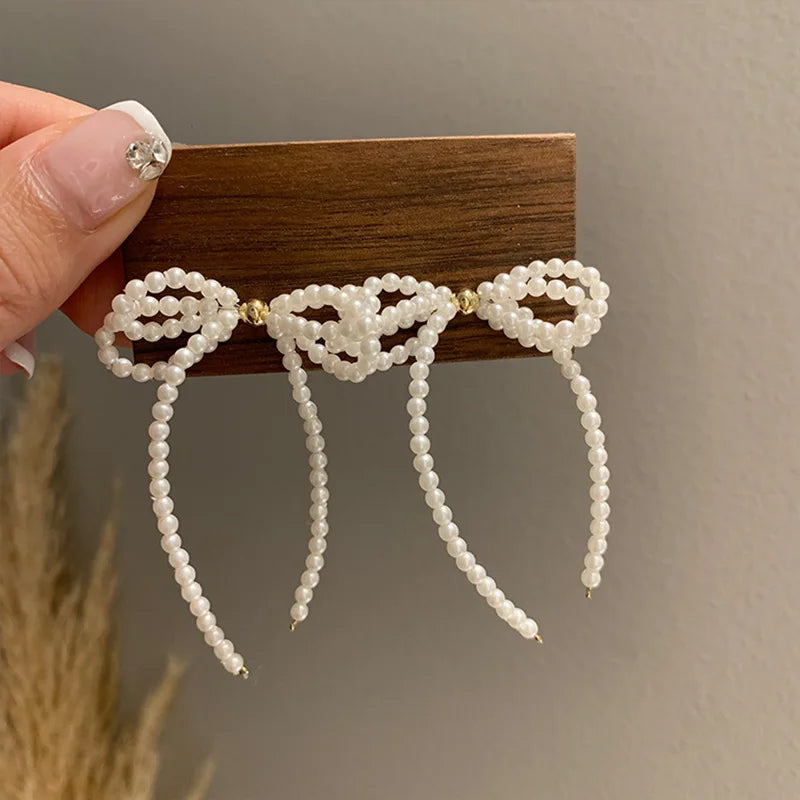 Women's White Bowknot Pearl Tassel Dangle Earrings