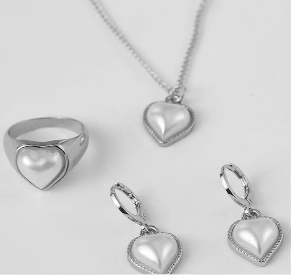 LATS 3 Pcs/Set Round Pearl Pendant Necklace For Women Exquisite Fashion Rhinestone Double  Earring Wedding Jewelry Set Gift
