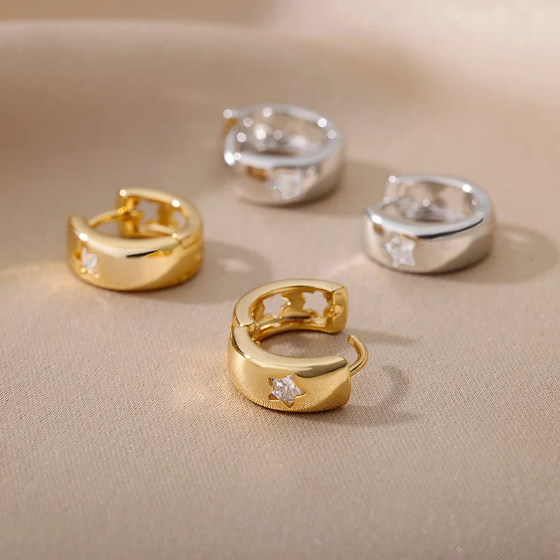 Women's Zircon Star Huggie Hoop Earrings in Gold Stainless Steel