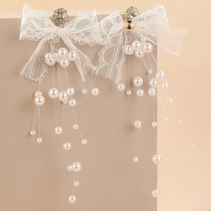 Women's White Bowknot Pearl Tassel Dangle Earrings