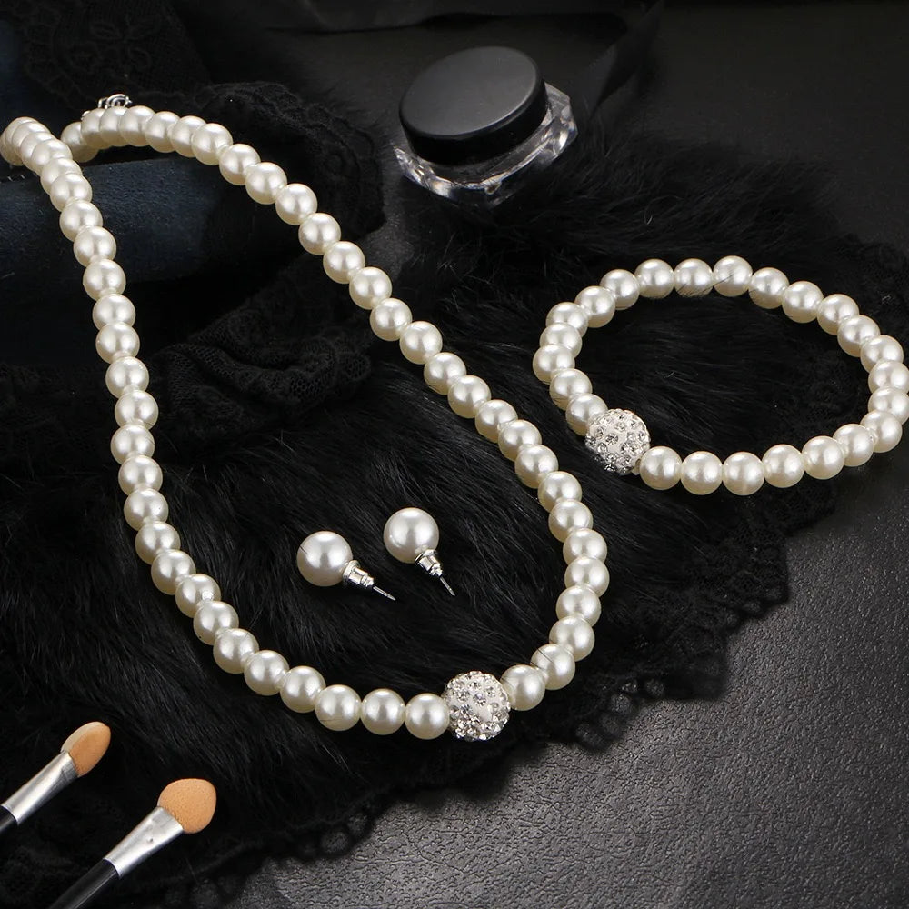 Women's 3-Piece Imitation Pearl Fireball Necklace, Bracelet & Earring Set