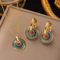 2 PCS Set Hear/Round Epoxy Earring Necklace Set Gold Color Metal Colorful Epoxy Women‘s Daily Wear Jewelry Valentines Gifts