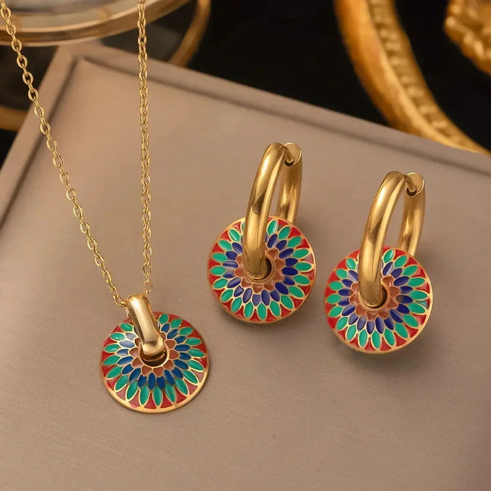 2 PCS Set Hear/Round Epoxy Earring Necklace Set Gold Color Metal Colorful Epoxy Women‘s Daily Wear Jewelry Valentines Gifts