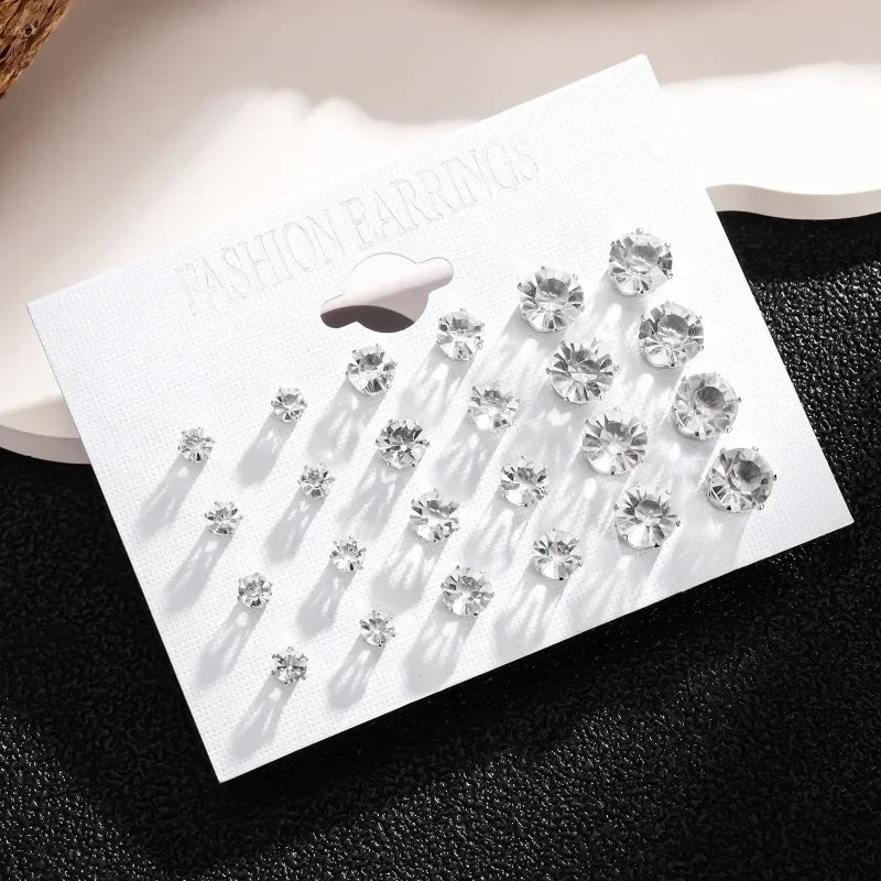 12-Pair White Crystal Wedding Stud Earrings Set