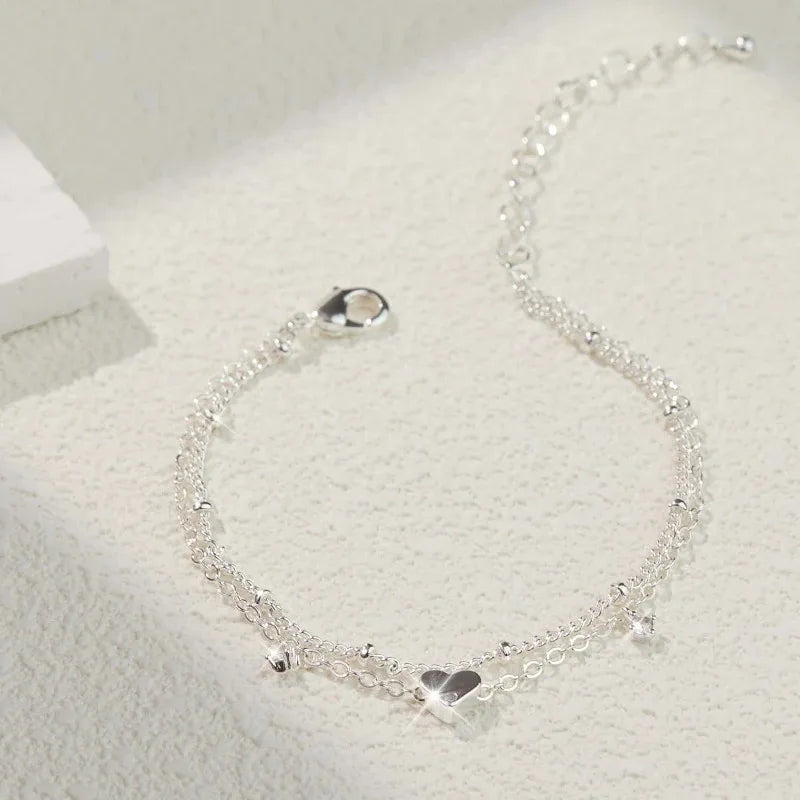 Dainty Layered Silver Anklet with Heart Charm - Elegant CZ Bracelet for Women, Waterproof & Trendy Gift
