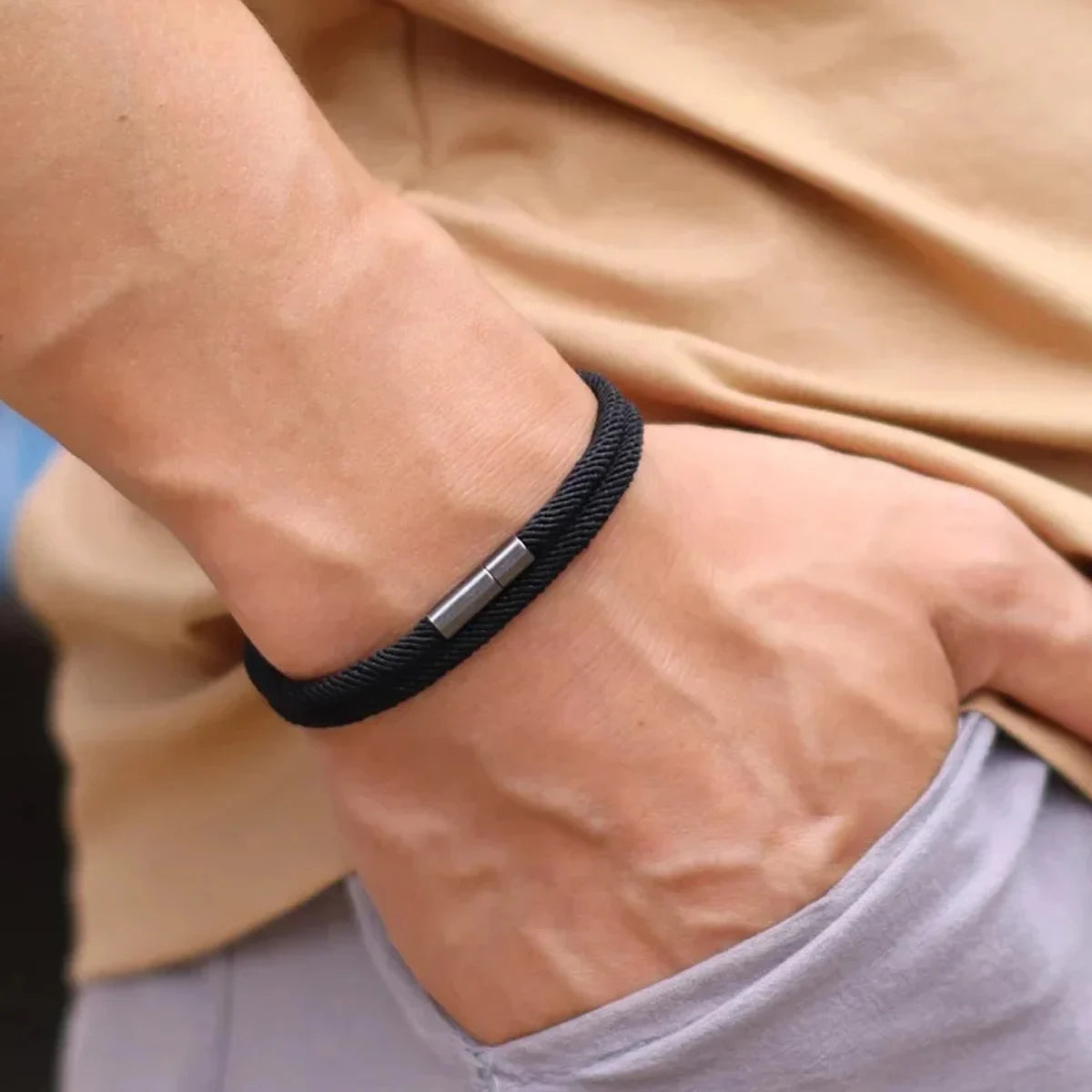Mens Rope Bracelet 4mm Nylon Double Layer Lucky Thread Braclet Nickel Black Detachable Buckle Gift For Him