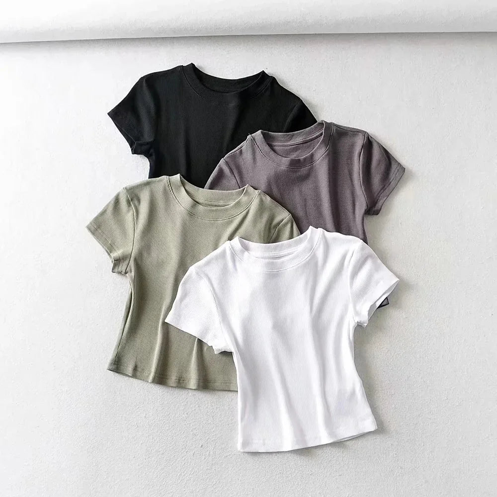O-Neck Slim Stretch Crop Tee