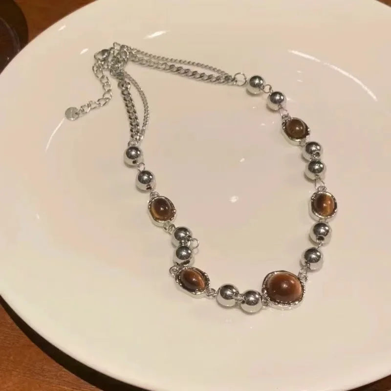 Women's Vintage Leather Brown Stone Pendant Choker Necklace
