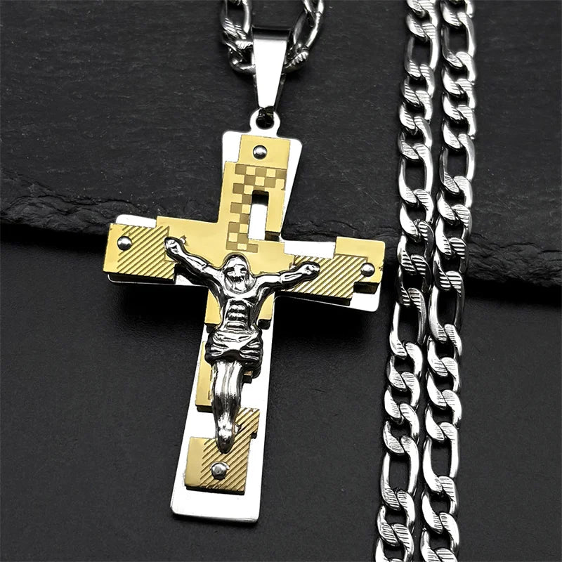 Fashion personality Cross Religious Pendant Men's Faith Stainless steel Gold plated Cross Necklace Punk Jewelry Accessories
