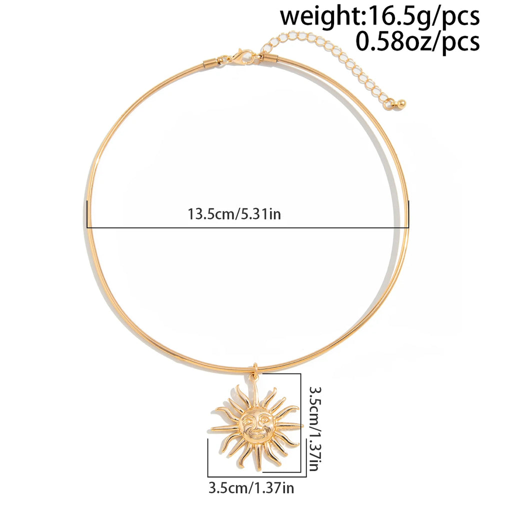 Women's Retro Gold Sun Pendant Thin Choker Necklace