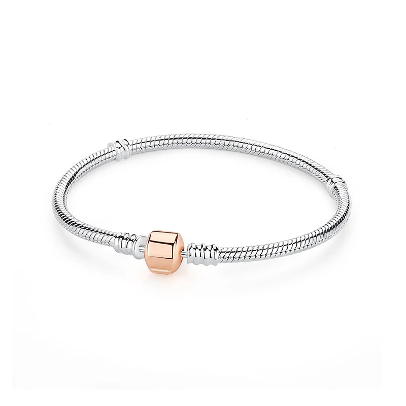 Original 925 Sterling Silver Bracelets Bangles Love Heart Clip Charms Beads Snake Chains For Women Rose Gold DIY Luxury Jewelry