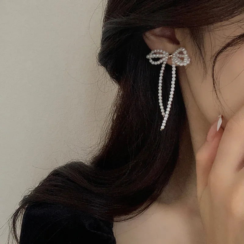 Women's White Bowknot Pearl Tassel Dangle Earrings