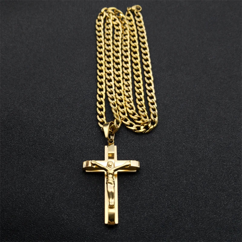 Fashion personality Cross Religious Pendant Men's Faith Stainless steel Gold plated Cross Necklace Punk Jewelry Accessories
