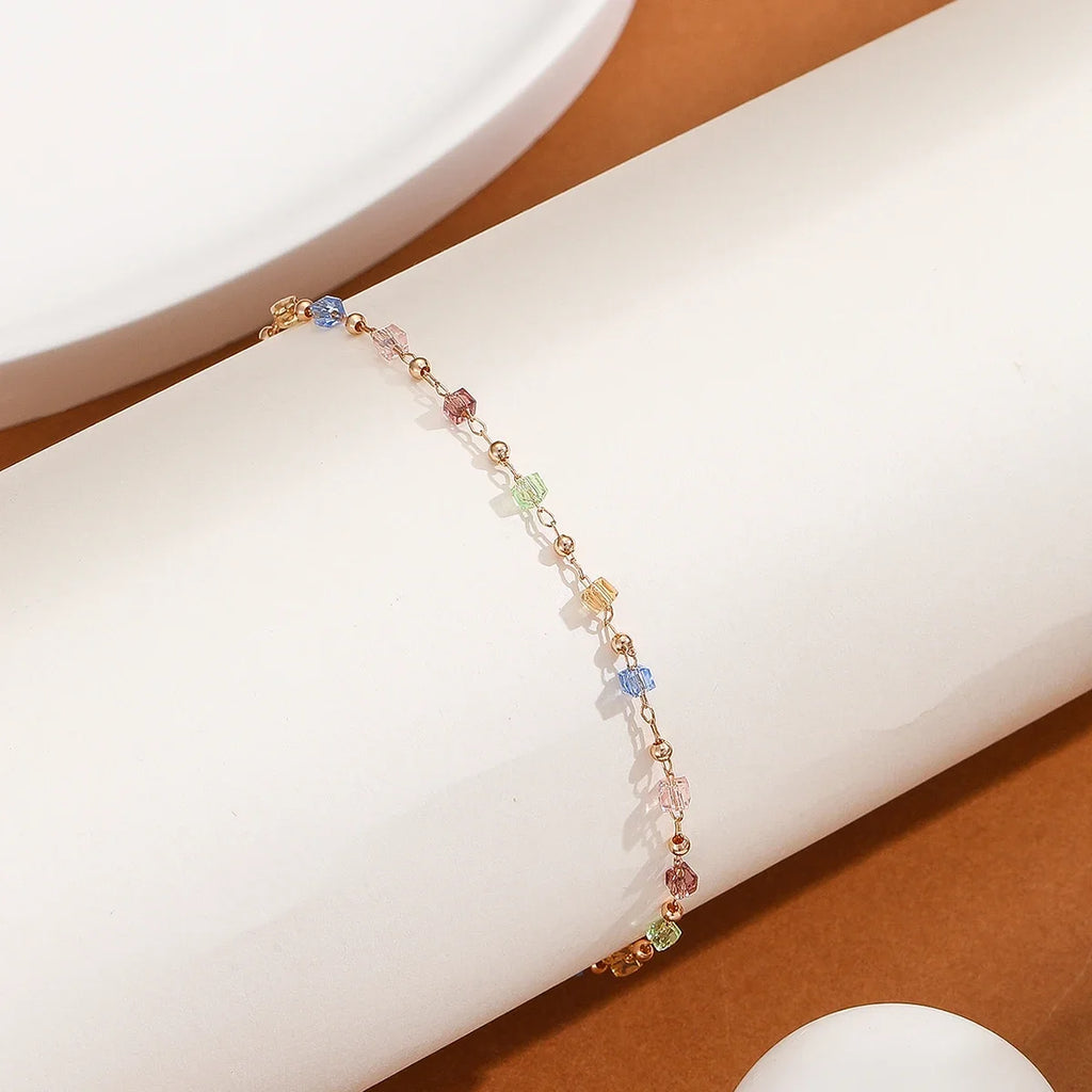 Kinitial Sweet Colorful Crystal Anklets For Women Link Chain Boho Foot Chain Barefoot Ankle Bracelet Jewelry