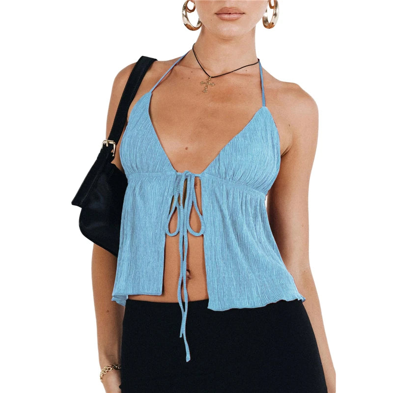 Bowknot Lace-Up Halter Crop Top