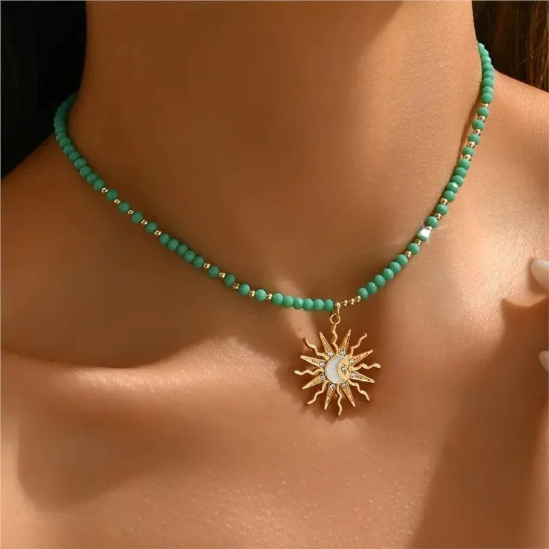 Retro Golden-Toned Sun Pendant Necklace for Women Elegant Turquoise Beads Chain Choker Neck Statement Party Vintage Jewelry Gift