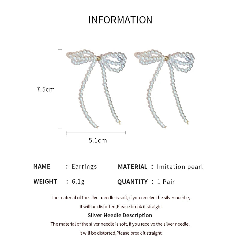 Women's White Bowknot Pearl Tassel Dangle Earrings