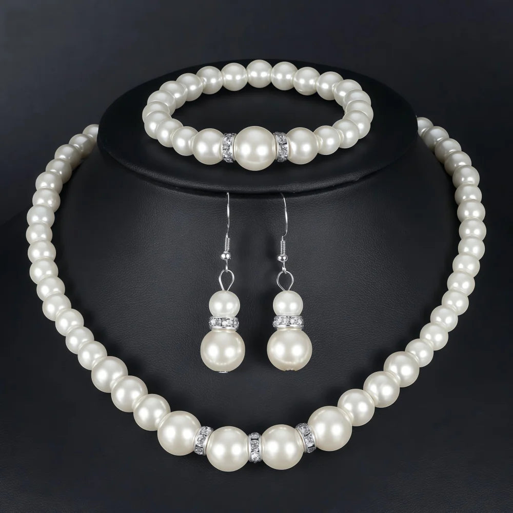 Women's 3-Piece Imitation Pearl Fireball Necklace, Bracelet & Earring Set