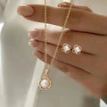 LATS 3 Pcs/Set Round Pearl Pendant Necklace For Women Exquisite Fashion Rhinestone Double  Earring Wedding Jewelry Set Gift