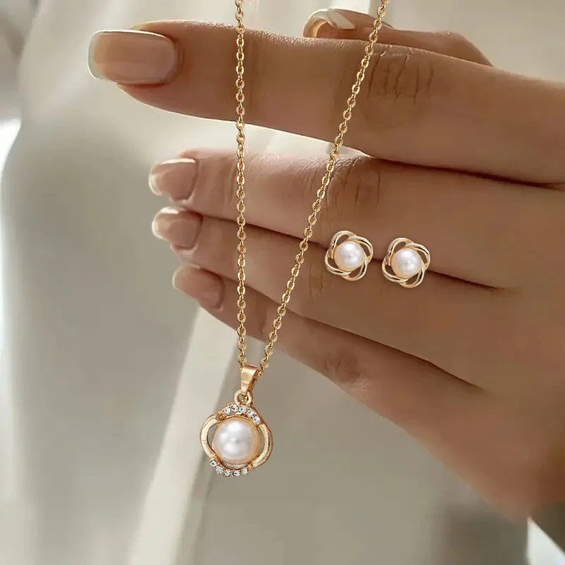 LATS 3 Pcs/Set Round Pearl Pendant Necklace For Women Exquisite Fashion Rhinestone Double  Earring Wedding Jewelry Set Gift