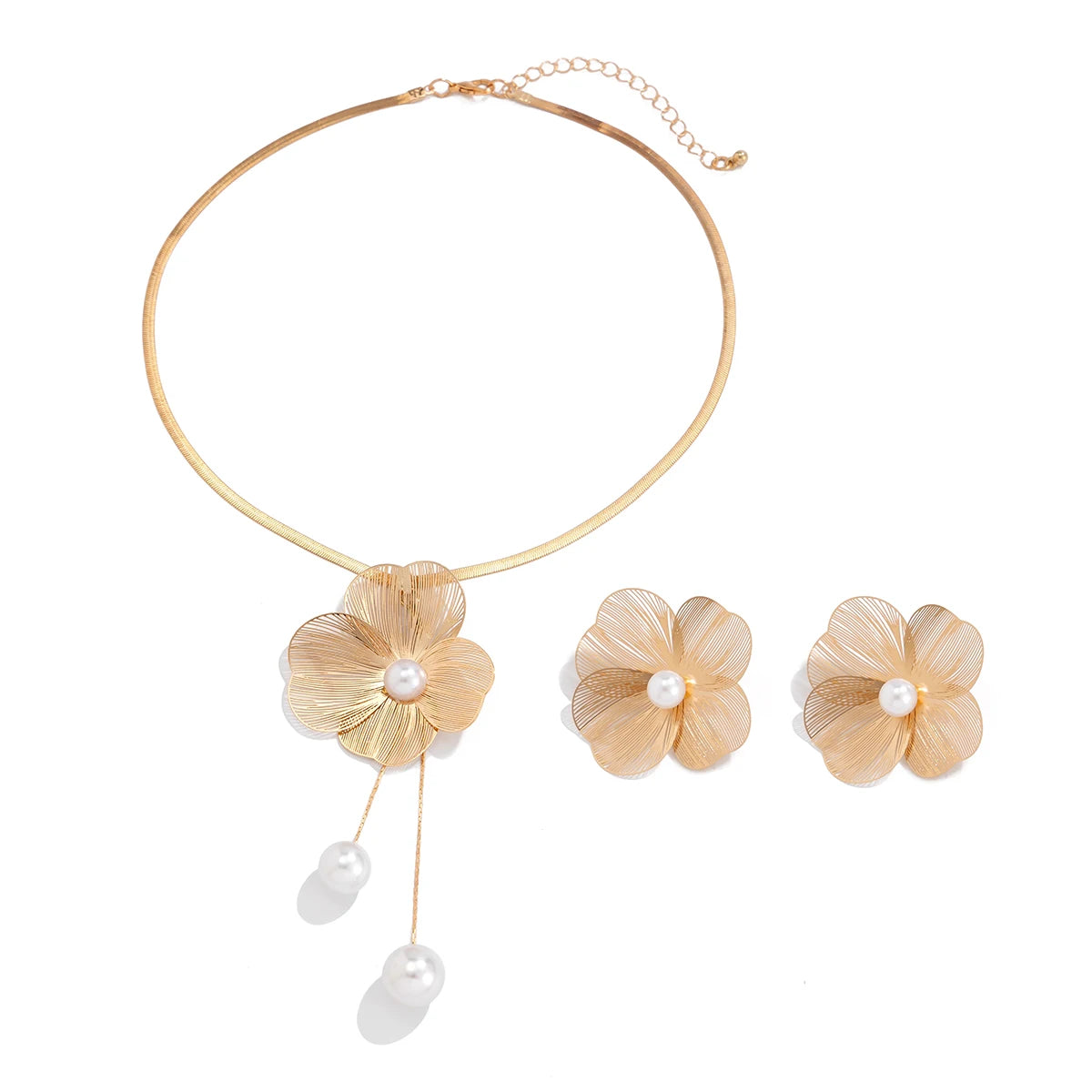 Romantic Pearl Flower Pendant Necklace & Earrings Jewelry Set