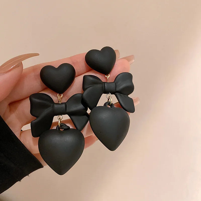 Heart Black Bow Earring for Women Design High-end Dangle Earrings Elegant New Fashion Solid Color Charm Jewelry