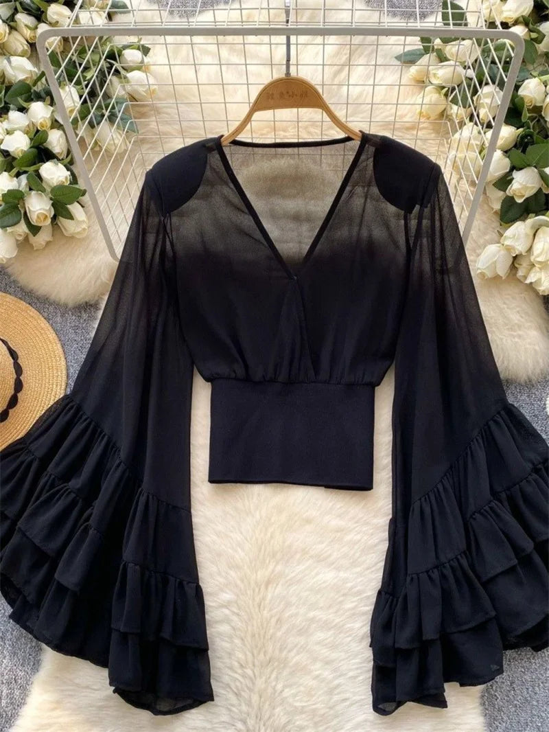 Chiffon Print Flare Sleeve Blouse