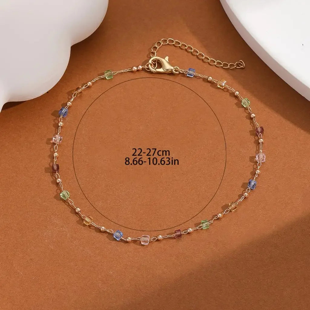 Kinitial Sweet Colorful Crystal Anklets For Women Link Chain Boho Foot Chain Barefoot Ankle Bracelet Jewelry