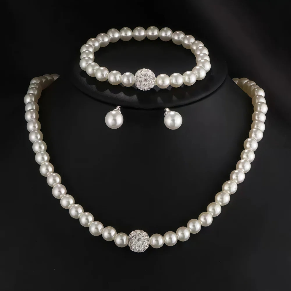 Women's 3-Piece Imitation Pearl Fireball Necklace, Bracelet & Earring Set