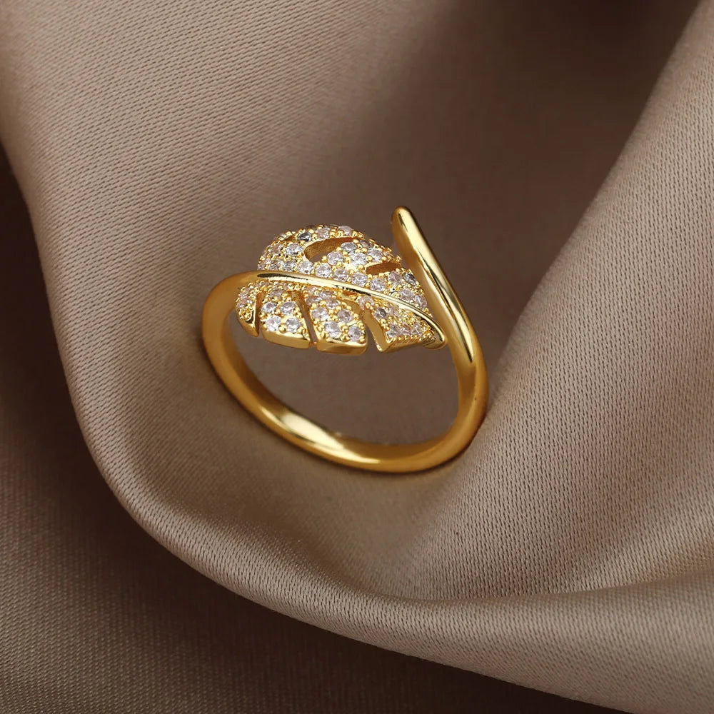 Fashion Palm Leaf Shape Open Rings For Women Gold Color Zircon Adjustable Finger Ring Girls Korean Party Jewelry Gift