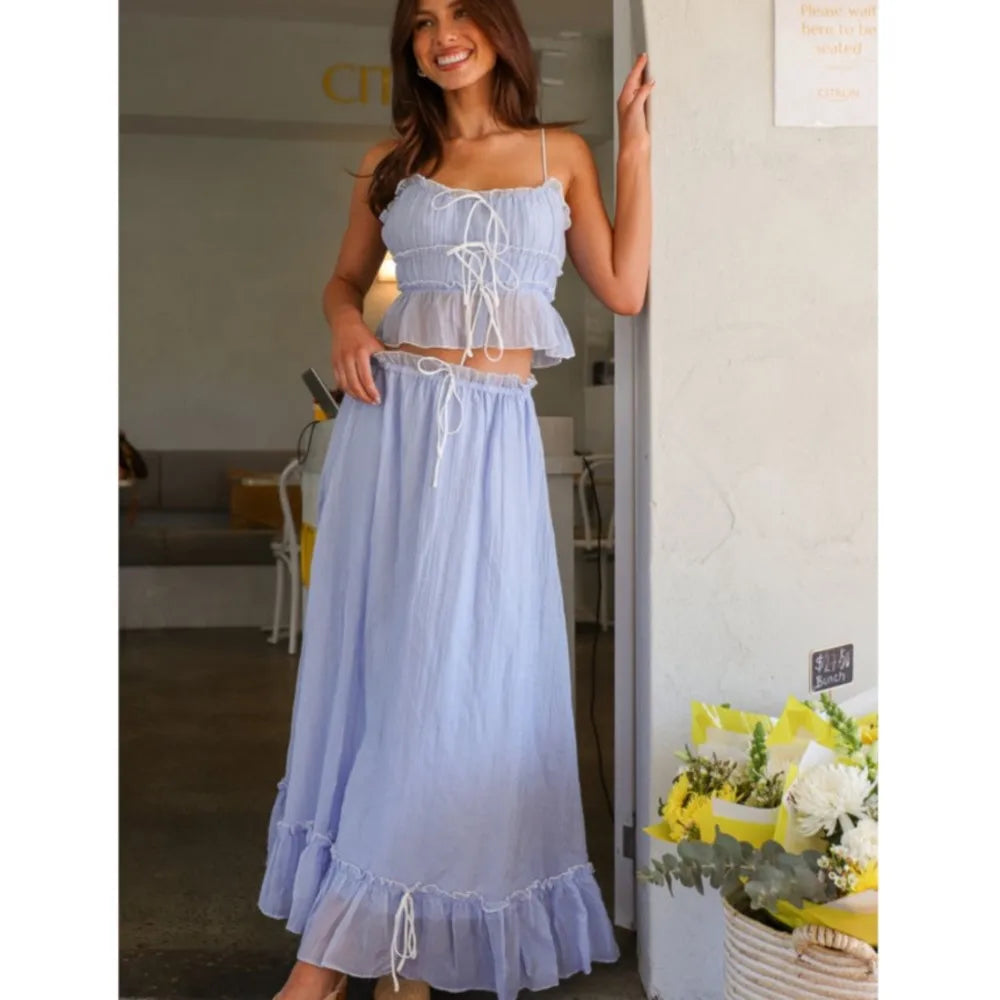 Bow Pleated Halter Top & Skirt Set