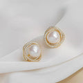 Women's Round Imitation Pearl & Zircon Stud Earrings