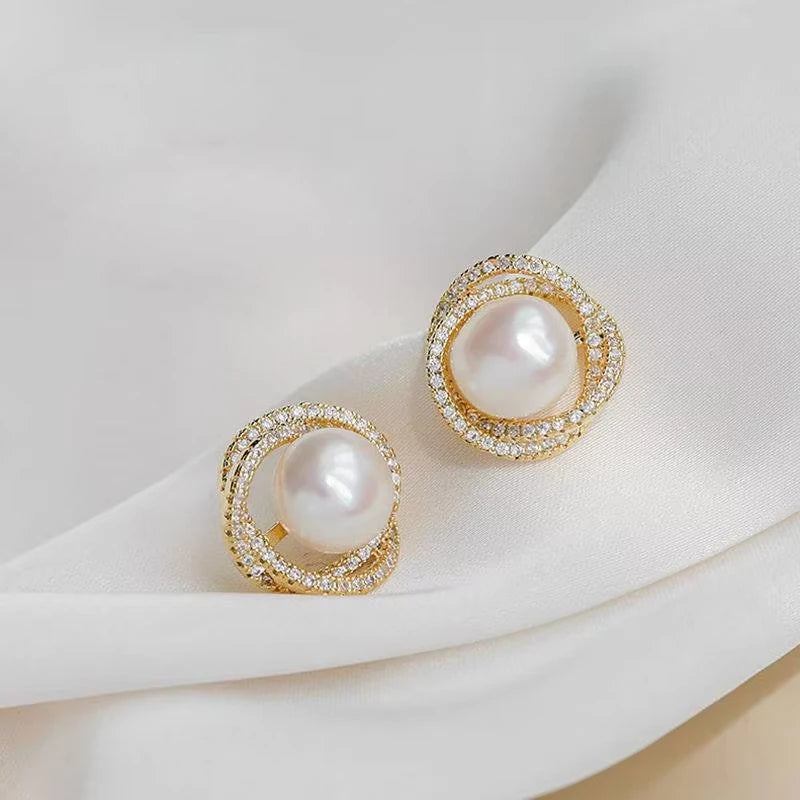 Women's Round Imitation Pearl & Zircon Stud Earrings