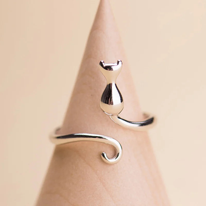 Simple Cute Cat Shaped Open Ring Chic Silver Color Adjustable Ring For Women Lovely Daily Wear Jewelry